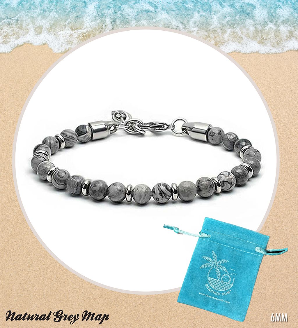 Natural Grey Mapstone Bracelet with Stainless Steel Buckle - 6MM ...